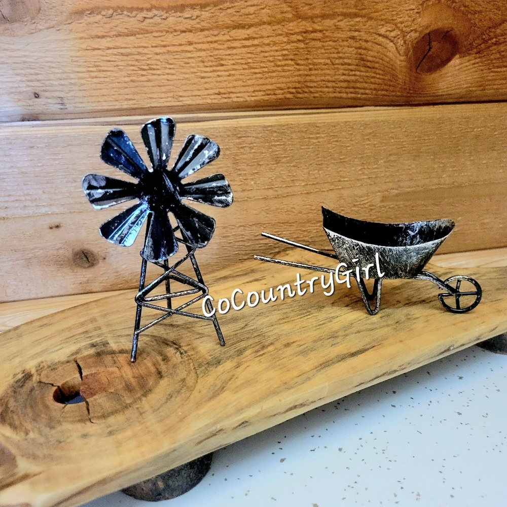 Farmhouse Metal Mini Windmill and Wheelbarrow